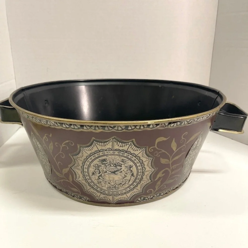 Vintage Mid Century French Cherub Toleware Tin Planter Bowl Ice Bucket 14